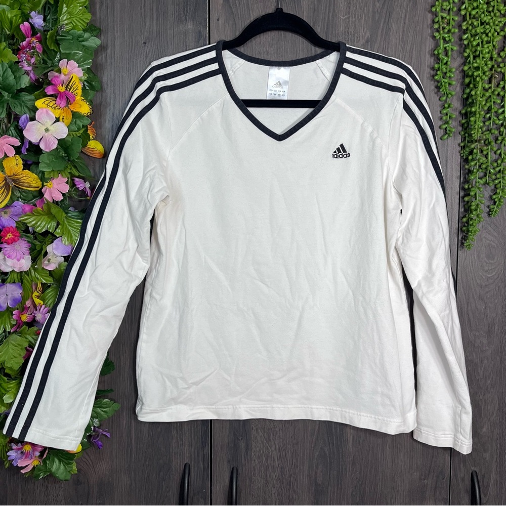 adidas White Long Sleeve V-Neck Top with Black Stripe Accents